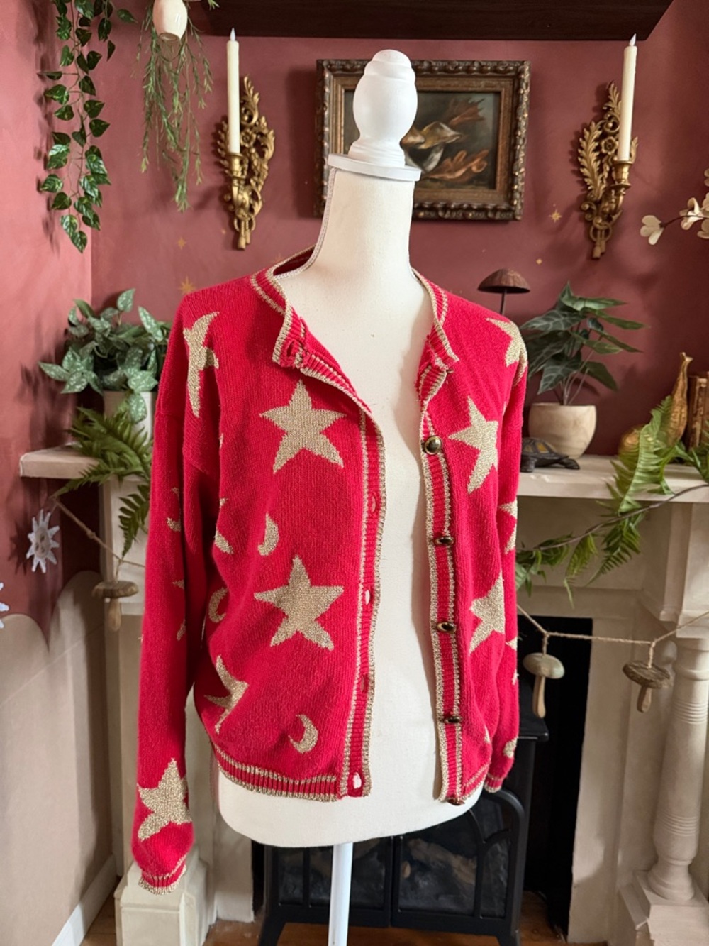 Vintage Whimsigoth celestial Red Star & Moon Knit Cardigan